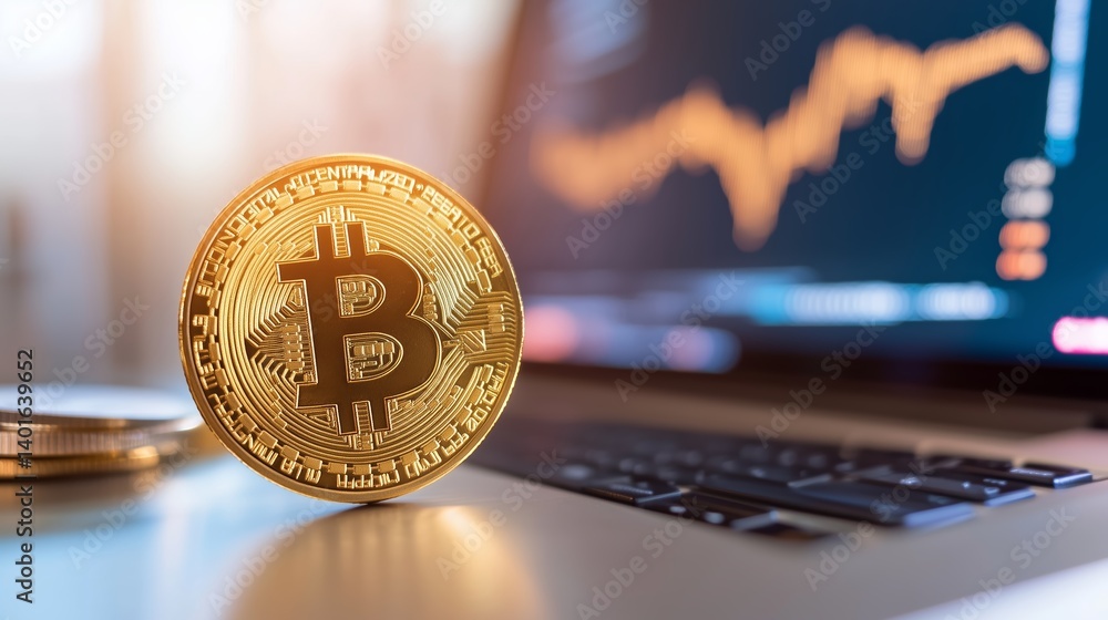 Aufkleber cryptocurrency represented by a bitcoin sits on a laptop next to a fluctuating market graph in a mod