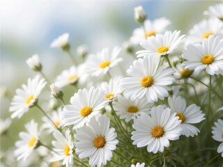 Fototapeta premium White daisies in soft focus with blue sky background