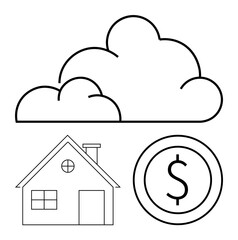 Cloud, house with chimney, and dollar coin in minimalist style. Ideal for real estate, savings, technology, insurance, investments cloud storage financial planning. Flat simple metaphor