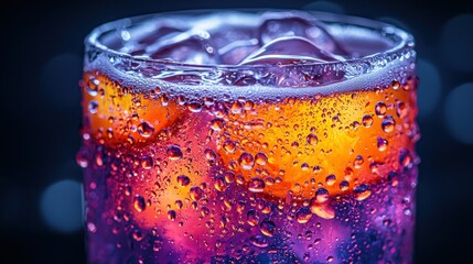 Refreshing drink with ice and citrus, condensation on glass, blue/purple hue