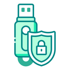 Encrypted USB flash drive green filled line icon with lock