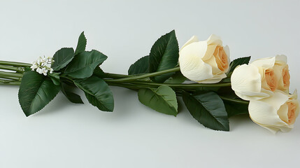 Three delicate cream roses lying side by side green leaves and stems a sprig of tiny white flowers