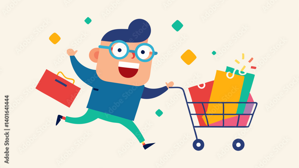 Poster joyful shopper a shopper with big glasses and a wide grin racing down the aisle with a cart overflow