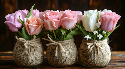 Three vases with roses tulips and greenery wrapped in burlap on a wood surface against a dark background