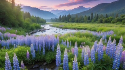 Purple lupine flowers by river bank in summer landscape