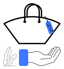 Large shopping bag with percentage tag attached, highlighted hand below, and minimalist plant. Ideal for retail, sales, discounts, commerce, offers consumer behavior online shopping. Flat simple