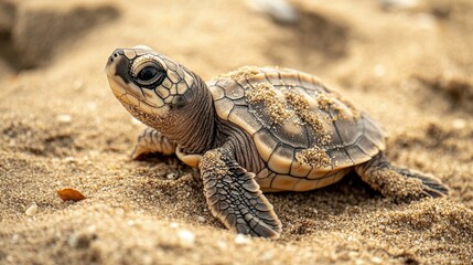 Obraz premium A tiny sea turtle covered in sand gazes forward, blending with its beach environment. Delicate details highlight its patterned shell and curious expression