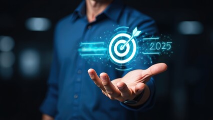 The 2025 new year business goals concept. Businessman hand show goals and targets for the company future growth in 2025. Business plan target strategy, Planning and challenge strategy in new year,