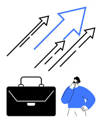 Arrows indicate upward growth and progress, accompanied by a briefcase representing business and a professional in thought. Ideal for business growth, strategy, finance, success, idea generation