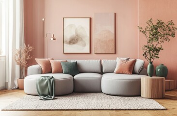 modern living room with sofa near the window, pillows lying around untidily, there is a shawl on the sofa, untidy, two paintings on the wall, gray fur carpet, white curtains