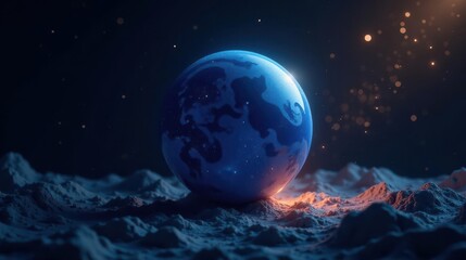A luminous celestial sphere rests gently on a lunar-like landscape, illuminated by a soft, warm glow emanating from below.  The dark cosmos serves as a dramatic backdrop to this breathtaking scene.