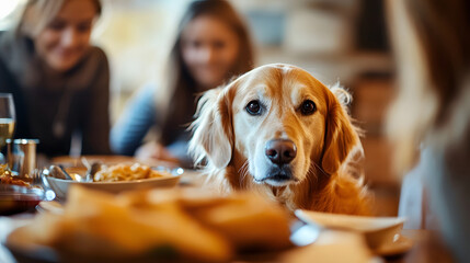 Golden Retriever looking longingly at the dinner table while people are eating in the background. Scene capturing the humor, anticipation, and longing looks of pets around food.