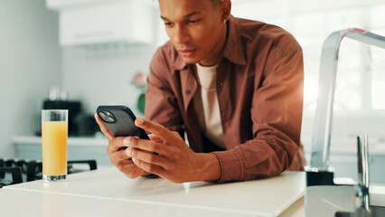 University, results or man with phone in home for learning application, texting or education. Social media, mobile or student on portal to sign up for academic registration or scholarship test marks