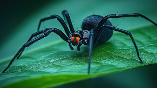 A striking black widow spider with a vibrant red hourglass marking rests on a lush green leaf, its legs extended and poised