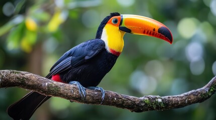 Obraz premium A vibrant toucan perches on a branch, showcasing its striking black plumage and enormous, colorful beak against a blurred green backdrop