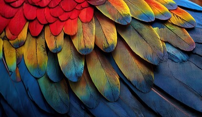 Fototapeta premium Close-up of colorful macaw feathers in vibrant red, blue, and yellow.
