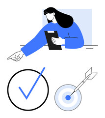 Woman gesturing forward with clipboard, large checkmark, target hit by arrow. Ideal for tasks, accomplishment, focus, planning, leadership decision-making team motivation. Flat simple metaphor