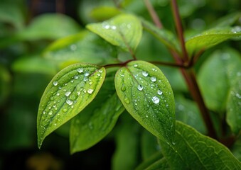Close-up of dewdrops on vibrant green leaves, capturing the freshness of a rainy day.