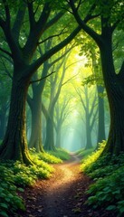 Naklejka premium Sun-dappled forest arch of interwoven branches, wild, spring, environment