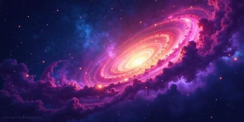 Fototapeta premium Cosmic Nebula A Vivid Swirl of Pink and Purple Celestial Clouds Encircling a Bright Galactic Core, Illuminated by Distant Stars and Interstellar Dust