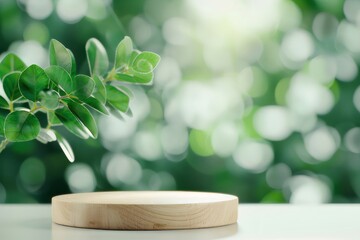 緑豊かな植物と木製の台座を備えた背景に自然の光と緑の背景