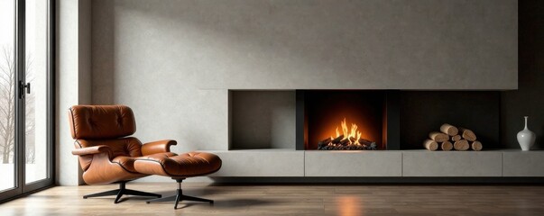Modern fireplace, leather armchair, minimalist decor, hearth, modern, fireplace