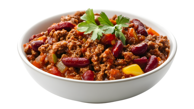 Professional Chili Con Carne Dish Isolated on White Background with AR 16:9 Aspect Ratio