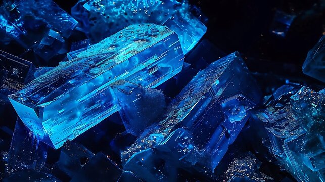 Selective color photography of copper sulfate crystals under microscope glowing in deep blue