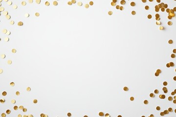 White backdrop adorned with scattered gold confetti dots for a festive touch.