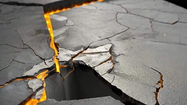Cracked Concrete Surface Revealing Fiery Glow in an Urban Setting, Highlighting Structural Damage