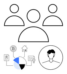 Three outlined figures symbolizing collaboration, pie chart with icons for finance, property, certificate, Bitcoin, and avatar portrait. Ideal for teamwork, analytics, user profile finance digital