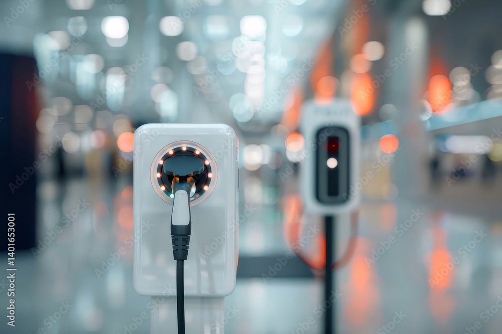 Aufkleber 白色の電気自動車充電ステーションがぼやけた背景の明るい光の中で未来的なデザイン