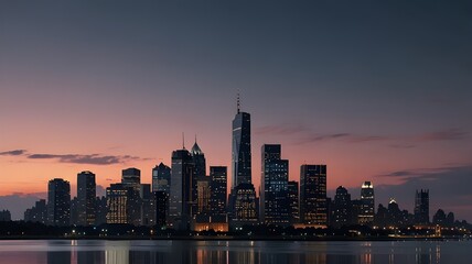 Obraz premium Glistening skyline with tall towers under a serene twilight sky