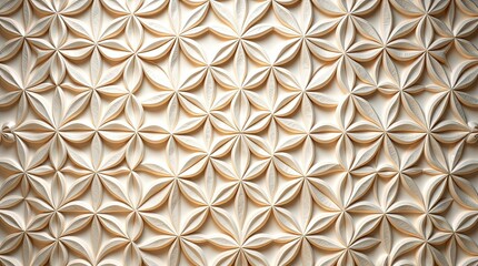 A series of detailed geometric patterns create a captivating wall design showcasing layered floral shapes with a warm beige color palette
