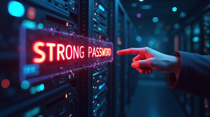 A vibrant glowing password field with a "STRONG PASSWORD" being entered, in a futuristic server room environment