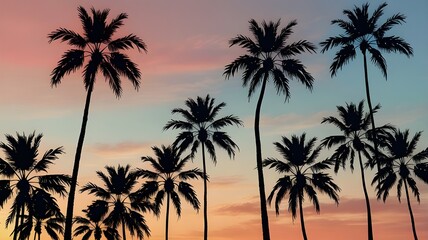 Line of palm tree silhouettes forming a natural border with a pastel blue and coral sky