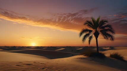 Lonely palm tree silhouette on a sand dune