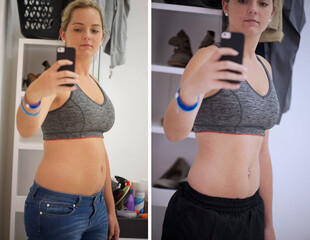 Weight loss, selfie and woman with results, progress and transformation for wellness in home....