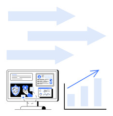 Computer screen displaying healthcare and financial metrics, arrows indicating progress, bar chart signifying growth. Ideal for analytics, progress, medical tech, finance, planning, success flat