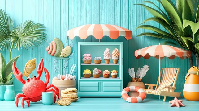 A charming beachside kiosk selling colorful ice cream treats and snacks.