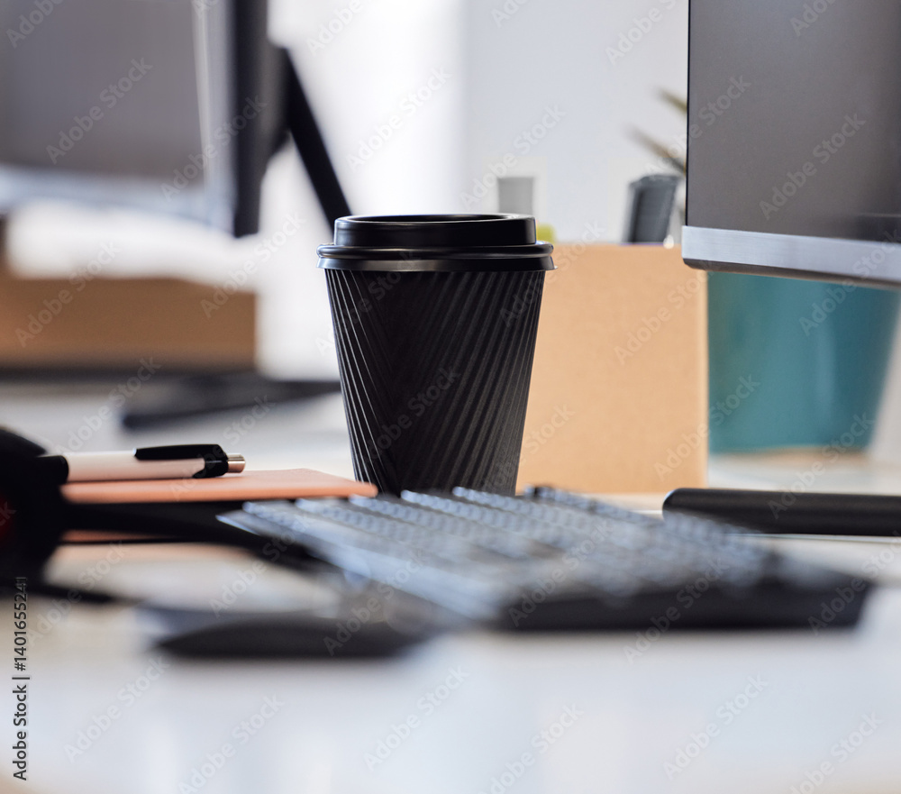Poster coffee, keyboard and office with computer on desk for work, workspace and pc screen with planner or 