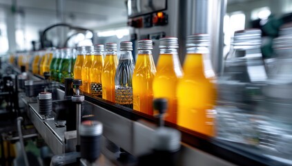 Bottling line with colorful beverages being filled and capped in a factory setting.