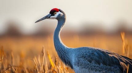 Fototapeta premium A striking sandhill crane with a red crown stands amidst golden grasses, captured in soft, warm light. Its elegant form and focused gaze are captivating