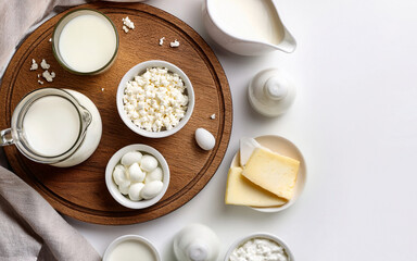 patron de productos lácteos con leche, huevos, queso, sobre fondo blanco, mockup, vista superior, espacio para escribir