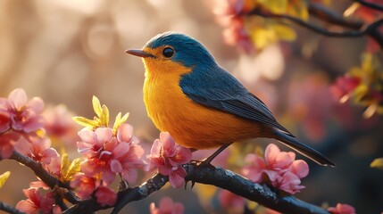 Obraz premium A vibrant bird perched on a flowering branch, showcasing its colorful plumage in the soft light. The delicate blossoms create a scene of springtime beauty