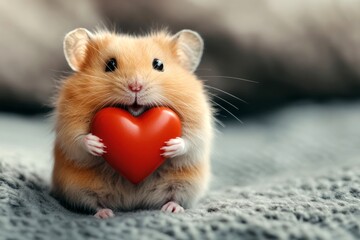 Hamster - my cherished animal. Cute hamster baby with furry friend toy red heart on in a natural habitat. Marketing animal visual idea. Romantic gesture in wildlife. Wildlife and love.