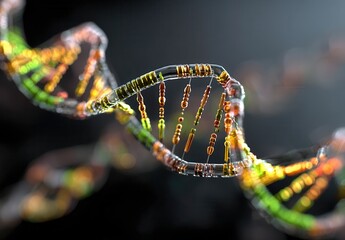Close-up of a colorful, digital DNA strand showcasing genetic complexity and innovation.