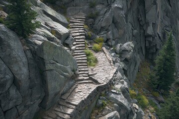 Obraz premium Stone pathway winding through rugged mountain landscape with lush greenery.