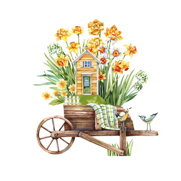recommend clip art: Hand drawn watercolor illustration of spring garden with cozy cottage, daffodils and hyacinth flowers in wooden cart.