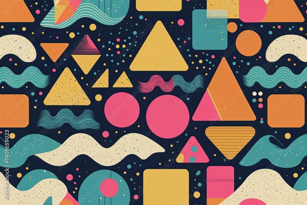 Poster retro seamless pattern with vintage textures of 80s and 90s shapes including whimsical triangles squ